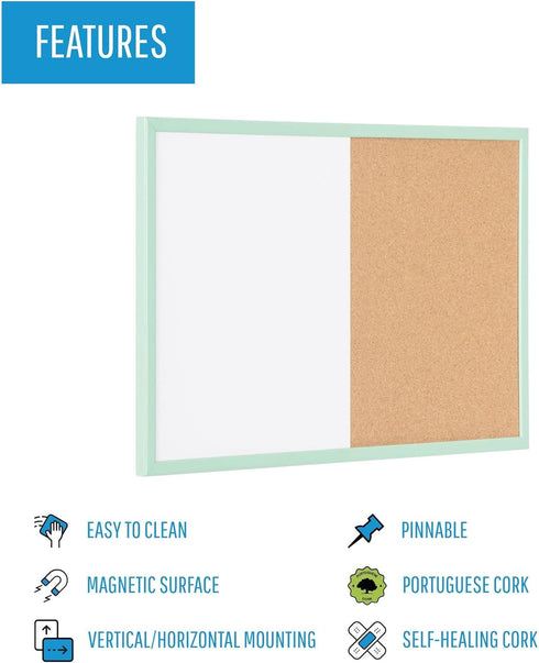 MasterVision Pastel Collection Combo Dry Erase Whiteboard/Cork Bulletin Board, Green MDF Frame - 23.62" x 17.72"