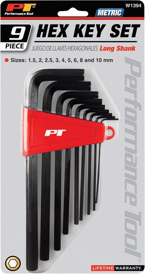 Performance Tool W1394 Long Shank Hex Key Set, Heat Treated Alloy Steel with Storage Holder, Metric Sizes: 15mm to 10mm