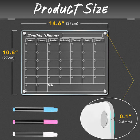 DIYMAG Acrylic Magnetic Dry Erase Calendar for Fridge, Clear Acrylic Calendar Planning Board Magnetic Monthly Planner Menu for Refrigerator with 3 Highlight Markers by DIYMAG