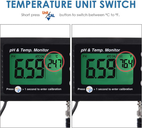 2 in 1 Temperature pH Monitor Meter Tester, 0~14.0 pH Automatic Buffer Recognition for Hydroponics and Water Testing