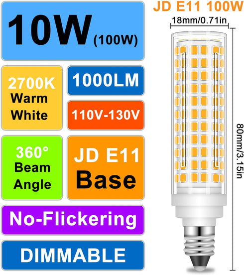 JD E11 LED Bulb Dimmable, E11 120V 100W Halogen Equivalent, T3/T4 Mini Candelabra Base, 10W 1000 LM E11 Bulbs for Ceiling Fans, Chandeliers, Cabinet Lighting, 3000K Warm White, 2 Pack by TZHILAN