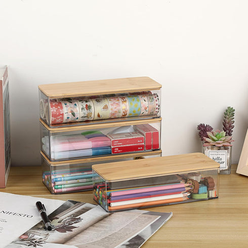 4 Pack BTSKY Clear Pencil Box with Bamboo Lids, Stackable Office Supplies Storage Containers, Hard Plastic Pencil Case