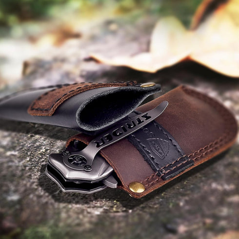 Leather Belt Knife Sheath, Color Clash Series, EDC Holster for Folding Knife Carrier, Darkbrown