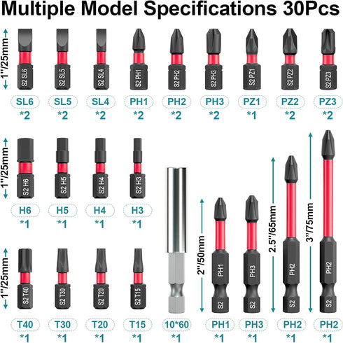 30Pcs Set, S2 Screwdriver Bit Steel Impact Bits with Magnetic Phillips, Slotted, Torx, Hex & Allen, Storage Case