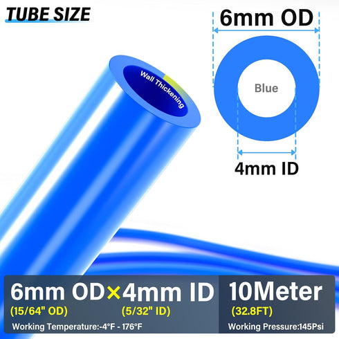 TAILONZ PNEUMATIC Blue 6mm OD 4mm ID Polyurethane PU Air Hose Pipe Tube Kit, 10 Meter