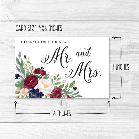 Hadley Designs Navy Floral Burgundy Wedding Thank You Cards with Envelopes | 24-Pack, 4x6 inches | Appreciation Notes