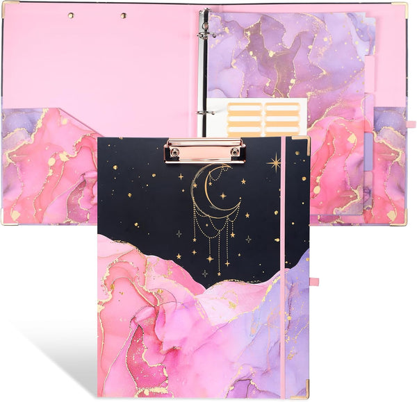 Teacher Binder 3 Ring Binder with Clipboard, 1 Inch Marble, 5 Tab Dividers, 2 Pockets, Label Stickers, Pink Gifts for