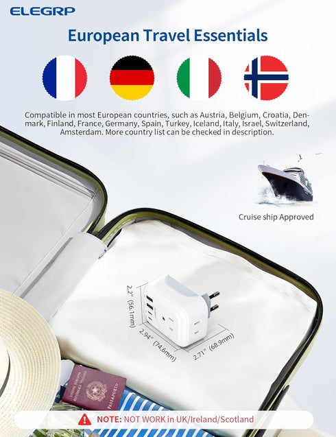 ELEGRP US to Europe Travel Plug Adapter, 2 USB-A & 2 USB-C Ports, Type C Adapters for Spain, Italy, France, 1 Pack