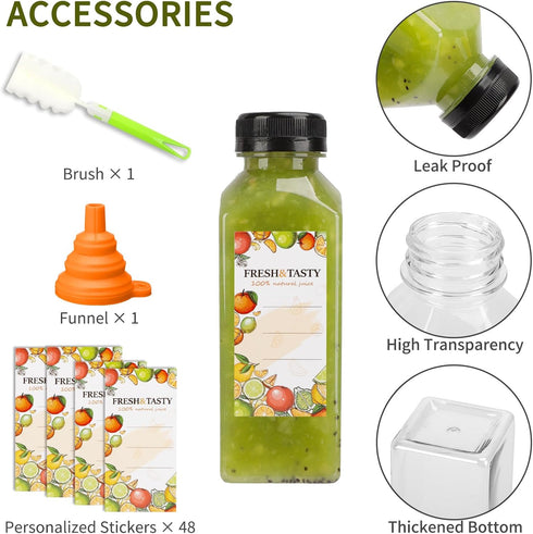 45pcs 12oz TOMNK Juice Bottles, Reusable Juice Bottles with Caps and Labels, Funnel, Brush Beverage Containers