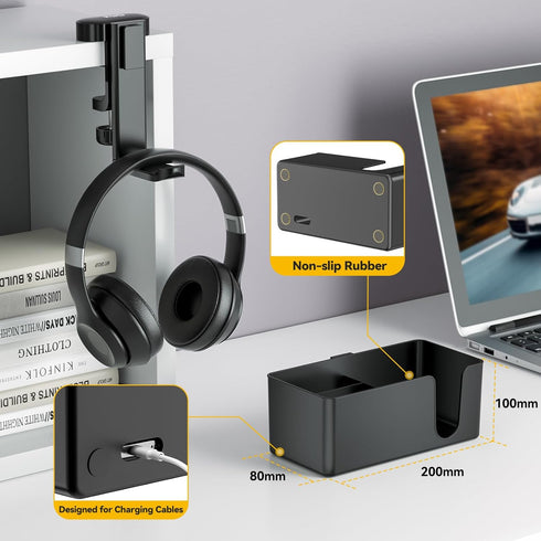 KDD 4 in 1 Desk Cup Holder - Clamp on Under Desk Headphone Hanger, Rotating Holder for Cup, Phone, and Pen (Black)