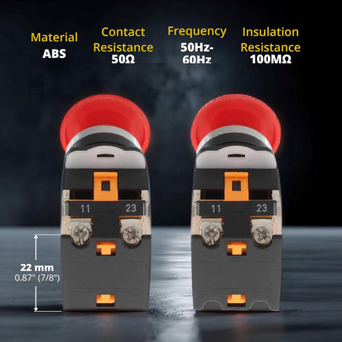 Emergency Push Button Switch, Red Mushroom Head for Home or Industrial Equipment, 22mm, Stay-Put (2 pack)