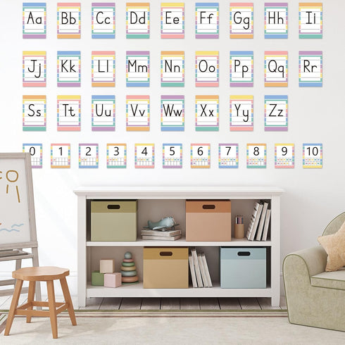 Qyeahkj 37 PCS Pastel Colors Stripes Classroom Alphabet Number Educational Poster Cards for Teacher School Home Wall