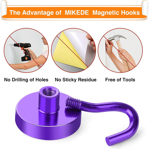 MIKEDE Heavy Duty Magnetic Hooks, 28LB+ Strong Neodymium Magnets for Fridge, Toolbox, Grill, 4 Pack (Purple)
