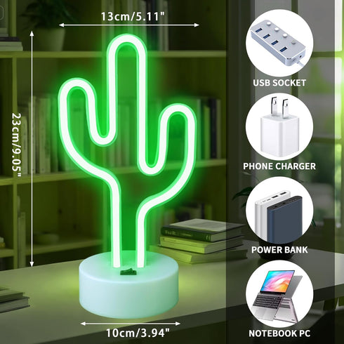 Summer, Green Cactus Neon Lights with Holder Base, Cactus Neon Signs for Bedroom, Tabletop, Bar, Birthday, Christmas