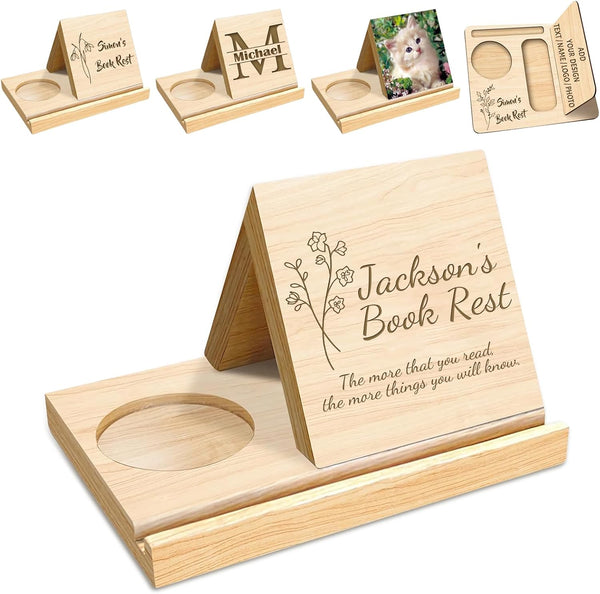 Lovdeying Personalized Wooden Triangle Book Holder Stand Custom Solid Oak Wood Book Rest