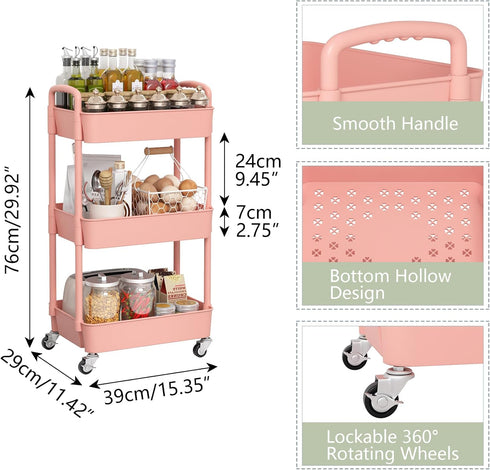 Sywhitta 3-Tier Plastic Rolling Utility Cart, Multi-Functional Storage Trolley with Handle, Pink