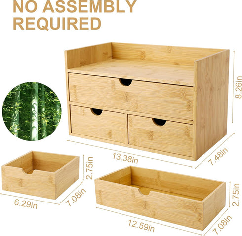 Bamboo Desk Organizer with 3 Drawers, Large Capacity Makeup Storage Box for Home Office and Bathroom