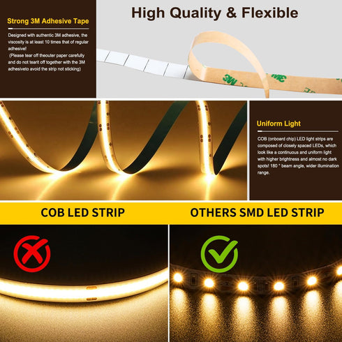Dimmable Light,2700K-6500K,9.84ft/3m,8mm Wide,CRI90+ 24V Pandery COB LED Strip Light,CCT Strips LED Strips Kit