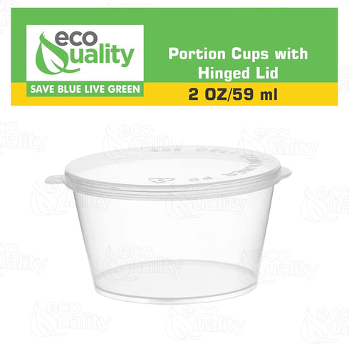 EcoQuality 50 Pack 2 Oz Leak Proof Plastic Condiment Souffle Containers with Attached Lids for Sauces, Food Storage