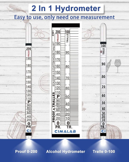 Hydrometer Alcohol Meter, 0-200 Proof and Tralle Alcohol Tester for Liquor, Moonshine, Spirits