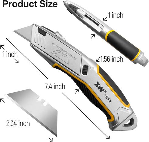 XW Heavy Duty Auto-loading Utility Knife, 3-position Retractable Box Cutter with 5 Blades