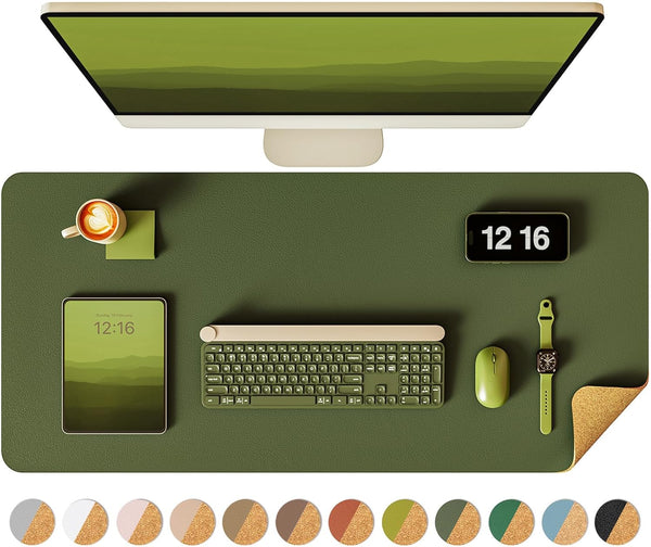 YSAGi Olive Green Double-Sided Desk Pad, 31.5"x15.7" Leather Mat, Eco Cork Desk Protector for Office