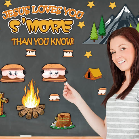 Outus 105 Pieces Jesus Loves You S'More Bulletin Board Set, Sunday School Decorations for Classroom Wall