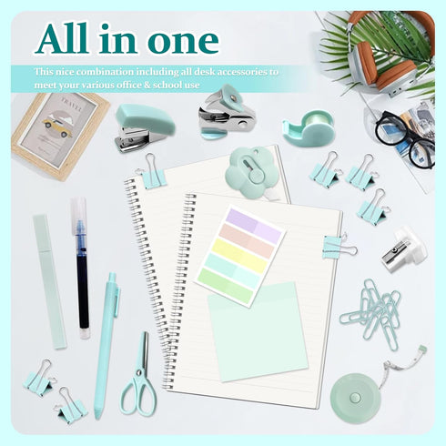 Mini Office Supply Kit, Teal Mini Stapler with Staples, Tape Dispenser Set, Includes Sticky Notes & Highlighters