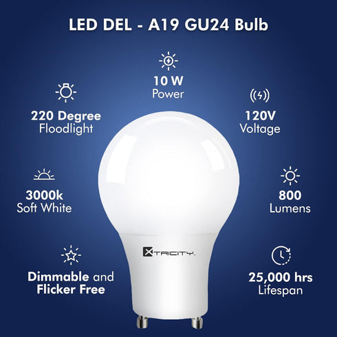 Xtricity GU24 LED A19 Two Prong Light Bulb Dimmable 10W (60W Equivalent) 120V 800 Lumens 3000K Soft White, 2 Pack