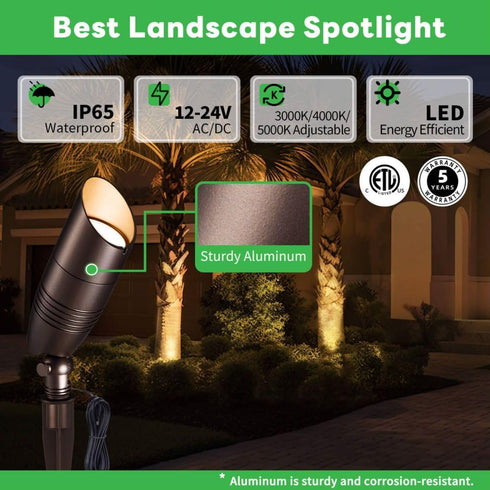 3CCT 3000K/4000K/5000K 12V IP65 Low Voltage Spotlight, Adjustable, Outdoor LED Landscape Lighting, Waterproof ORB