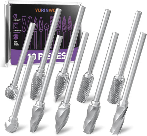 Carving Bits Carbide Burr Set, 10Pcs Grinding Bits for Rotary Tool, 1/8" Shank Rasp Bits for Wood Metal Processing