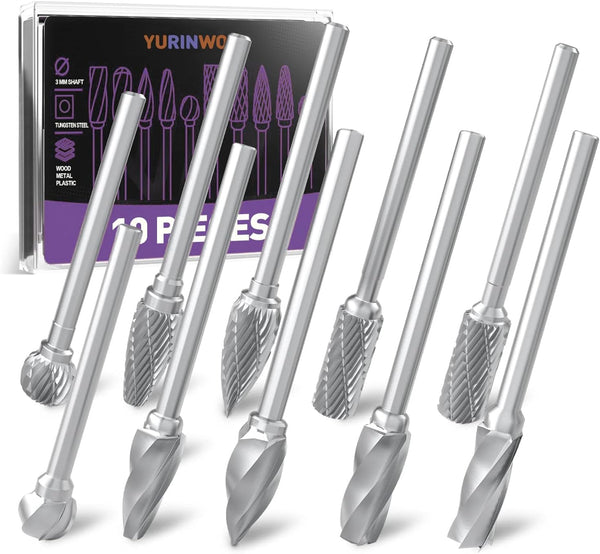 Carving Bits Carbide Burr Set, 10Pcs Grinding Bits for Rotary Tool, 1/8" Shank Rasp Bits for Wood Metal Processing