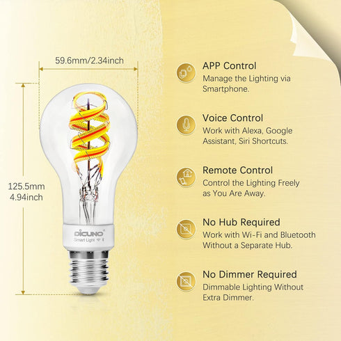 Bulb A19, Bulb, A60 Bulb Dimmable 50 450LM, 1 Pack DiCUNO Smart Edison Color Changing WiFi Smart Light Vinatge Filament