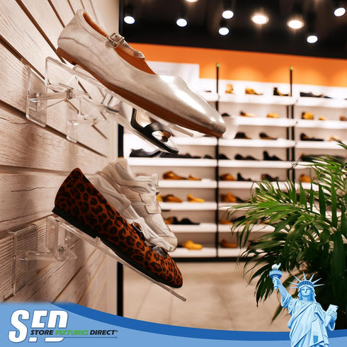 2 Pack Slatwall Swivel Shoe Display with Heel Rest, Clear Angled Retail Single Footwear Rack