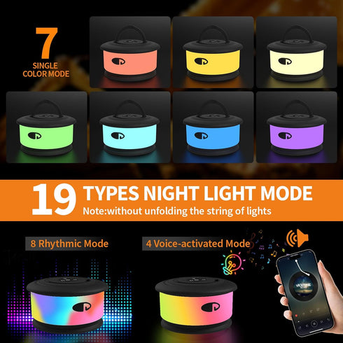 3 1 19 30s 32.8 TOHETO Camping String Lights, in Upgraded Retractable RGB Outdoor String Lights with Lighting Modes