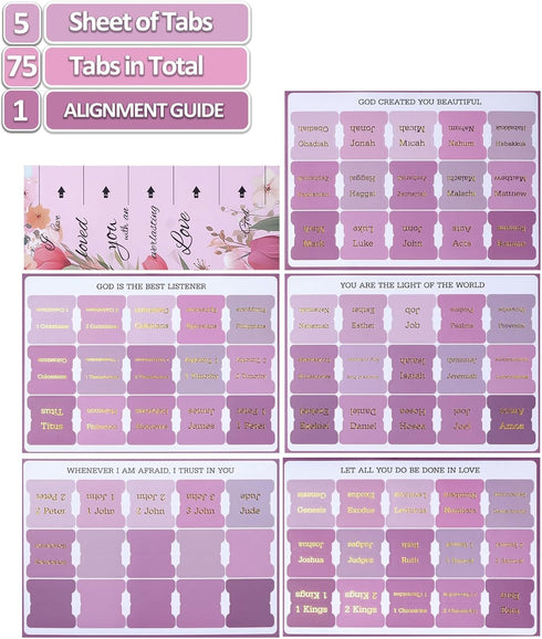 75 Pink Bible Tabs for Women & Men(Gold Foil Lettering) Laminated Bible BookTabs, Chapters Labels for Easy Navigation