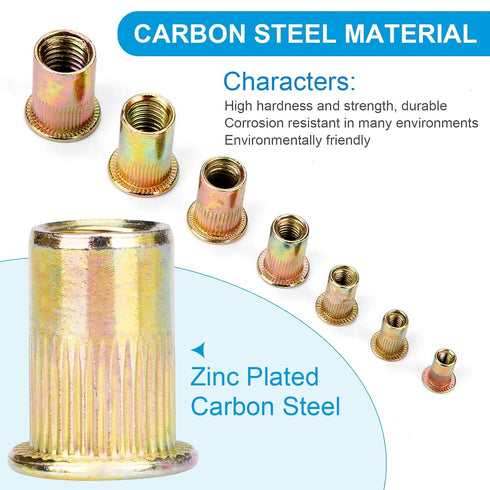 Rivet Nuts Kits, 40pcs 10-24, 40pcs 8-32, 30 pcs 1/4-20, 10 pcs 5/16"-18, Carbon Steel Flat Head Rivnut