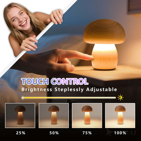 Gifts(2 Packs) Mushroom-Night-Lights Rechargeable, Cordless Wooden Mushroom Table Lamps, Portable Desk Lamps