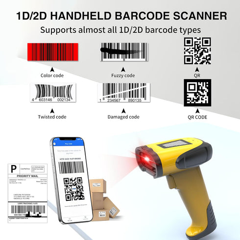 alacrity 2.4GHz 1D 2D Wireless & Bluetooth Handheld Barcode Scanner, Triple Mode USB Laser Scanning Gun for Android iOS
