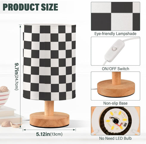 WEVIBOFU Table Lamp Black White Checkered Nightstand Lamp with Wood Base LED Bedside Shade Desk Lamp for Bedroom Living