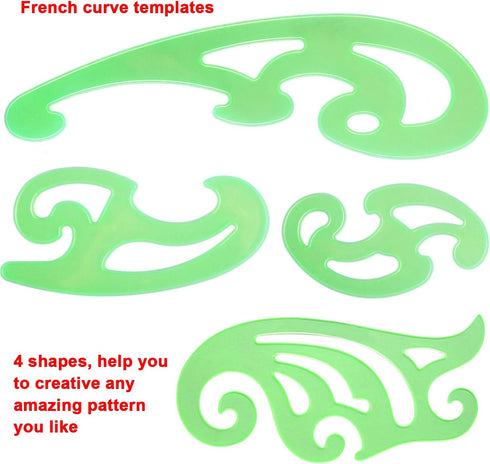 SIQUK 9 Pieces French Curve Drawings Templates, Clear Green Plastic Rulers for Engineering, Studying, and Designing