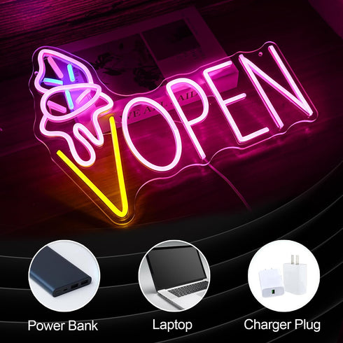 Dimmable 16.5 12.6 Ice Cream Open Neon Sign LED Light up Ice Cream Sign Dessert Open Wall Decor Sign for Business Store