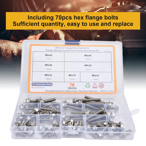 Flanged Hex Head Bolts Assortment Kit, 70 Pcs M5 Flange Hexagon Screws, Stainless Steel Hardware Accessory