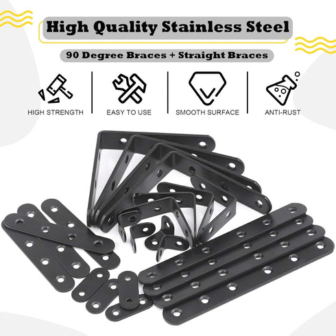 Hilitchi 24 Pack Stainless Steel Black L Bracket Corner Brace and Straight Bracket with Screws Corner Fastener