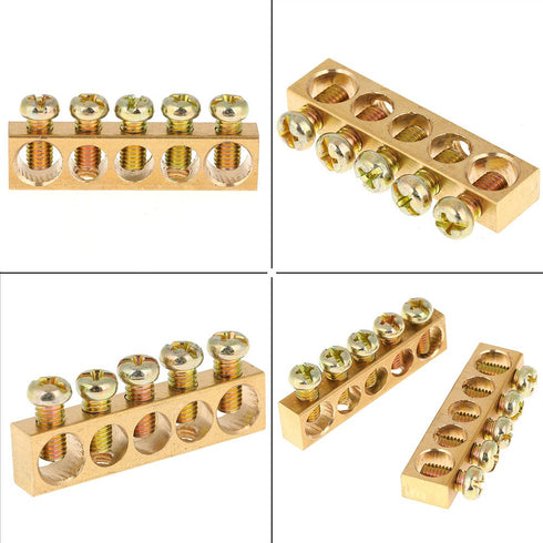 10Pcs Terminal Ground Bar, 5-Hole Electrical Distribution Cabinet Wire Screw Terminal Ground Copper Neutral Bar