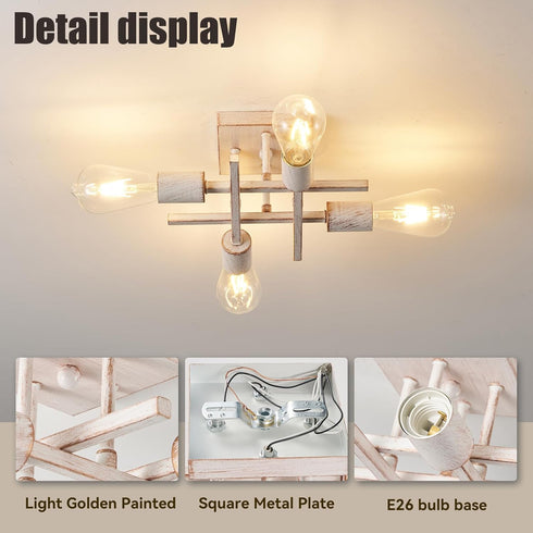 4-Light E26 Industrial Semi Flush Mount Ceiling Light Fixture, Modern White Gold Chandelier Lighting, Farmhouse Sputnik