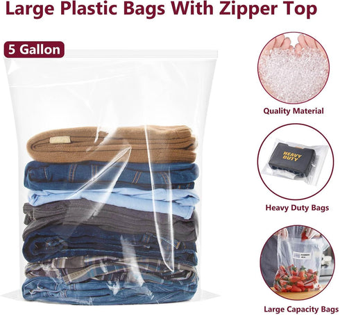 Large Plastic Bags with Zipper Top, 5 Gallon, 18" x 24", 10 Pack Heavy-Duty Storage Bags for Clothes, Travel