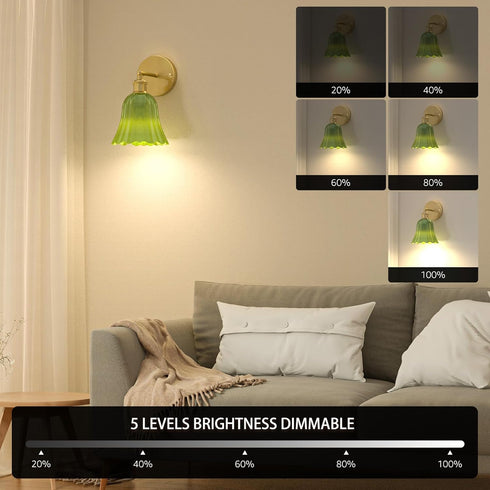 merloly 10000mAh Large Battery Operated Wall Sconce with Green Tulip Glass Lampshade Wireless Sconces Rechargeable