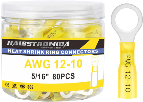 haisstronica 80PCS Heat Shrink Ring Terminals, Marine Grade Wire Connectors, Yellow AWG 12-10