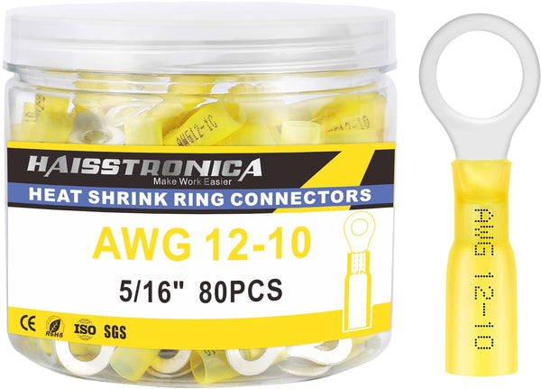 haisstronica 80PCS Heat Shrink Ring Terminals, Marine Grade Wire Connectors, Yellow AWG 12-10